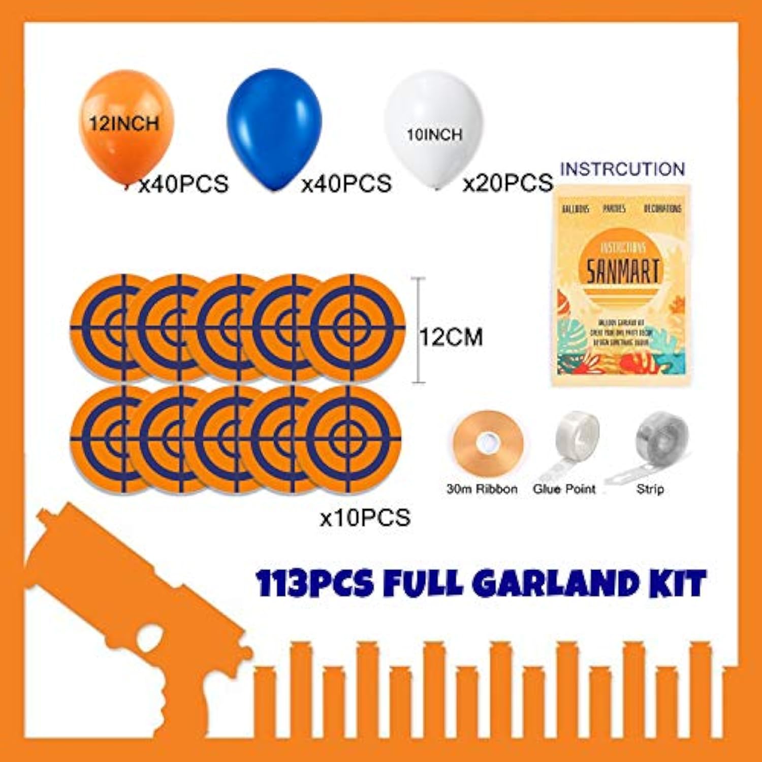Dart War Party Balloon Garland Kit 113Pack Blue Orange Black Balloons Target Sign