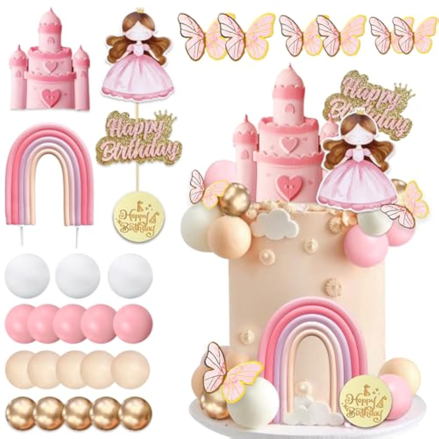 34Pcs Princess Cake Topper Castle Rainbow Cake Decoration With Pink Butterflies Cartoon Castle Pearl Balls For Pink Girl Princess Theme Birthday Baby Shower Party Supplies