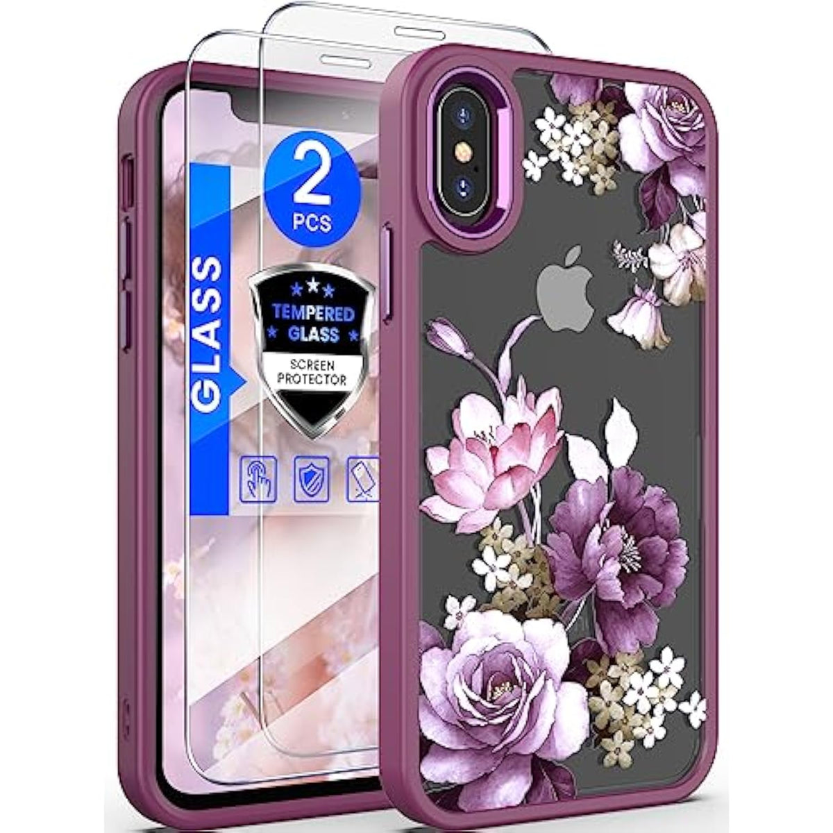 For Iphone X Case, Iphone Xs Case, [Military Grade Drop Tested] Hard Back & Soft Edge Slim Flower Women Girls Phone Protective Cover With 2 Pcs Tempered Glass Screen Protector (Purple)