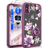For Iphone X Case, Iphone Xs Case, [Military Grade Drop Tested] Hard Back & Soft Edge Slim Flower Women Girls Phone Protective Cover With 2 Pcs Tempered Glass Screen Protector (Purple)