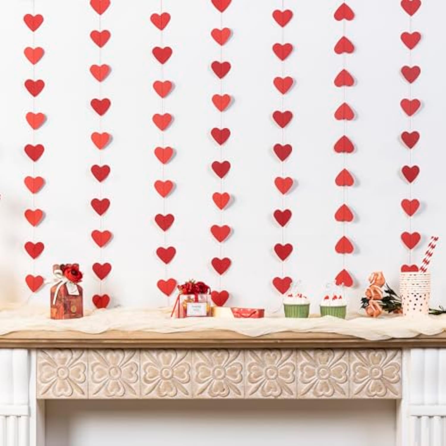 Red Heart Paper Garland Streamers, 6 Pack (42 Ft Total), 2" Hearts - Ideal For Weddings, Valentine’S Day, And Parties