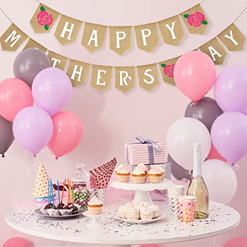 Happy Mother's Day Banner Rose Mothers Day Burlap Hanging Banner Garland Rustic Party Decoration for Mom Mommy Birthday Indoor Outdoor Mantel Fireplace Decor Supplies