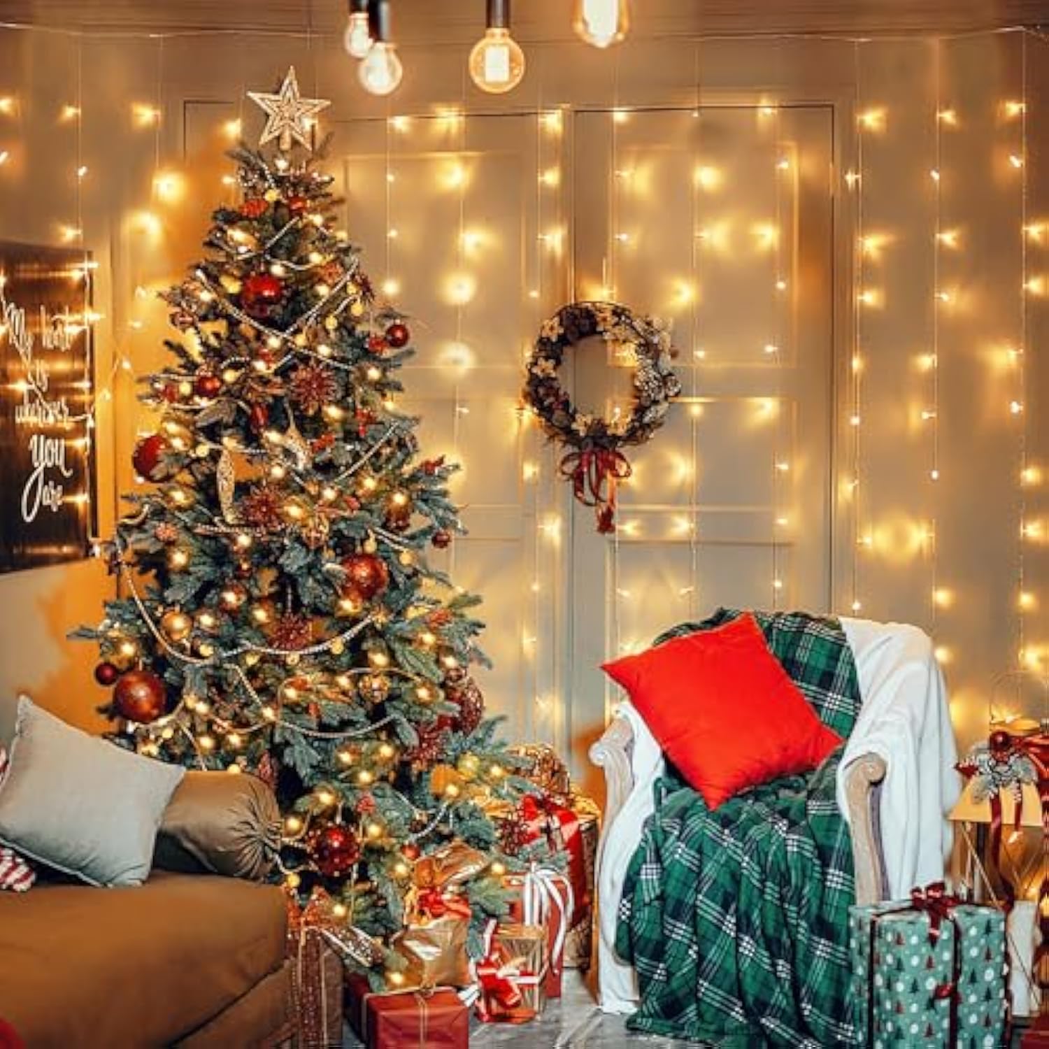 600 Led Christmas Curtain Lights Outdoor, 9.5X19.6Ft Christmas String Light Plug In With Remote, 8 Modes Wall Hanging Lights For Bedroom Party Backdrop Wedding Xmas Decor, Warm White