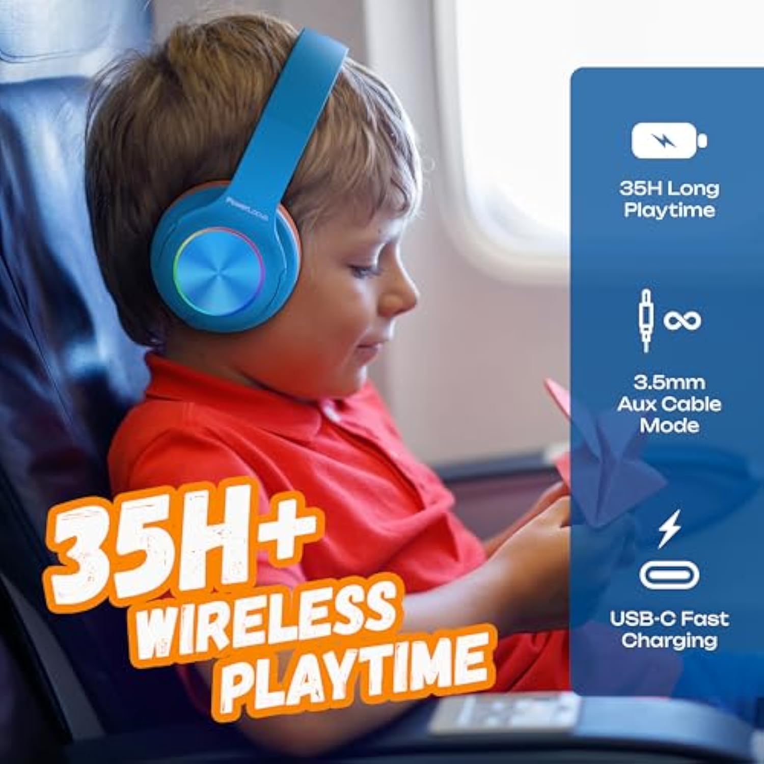 PowerLocus Kids Headphones, Bluetooth Headphones Over Ear for Kids with LED Li