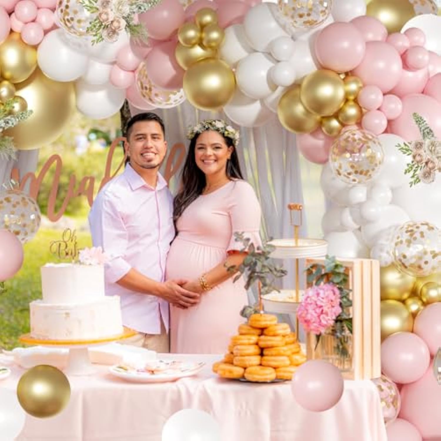 138pcs Pink and White Balloon Arch Kit with Gold Confetti for Baby Shower & Party