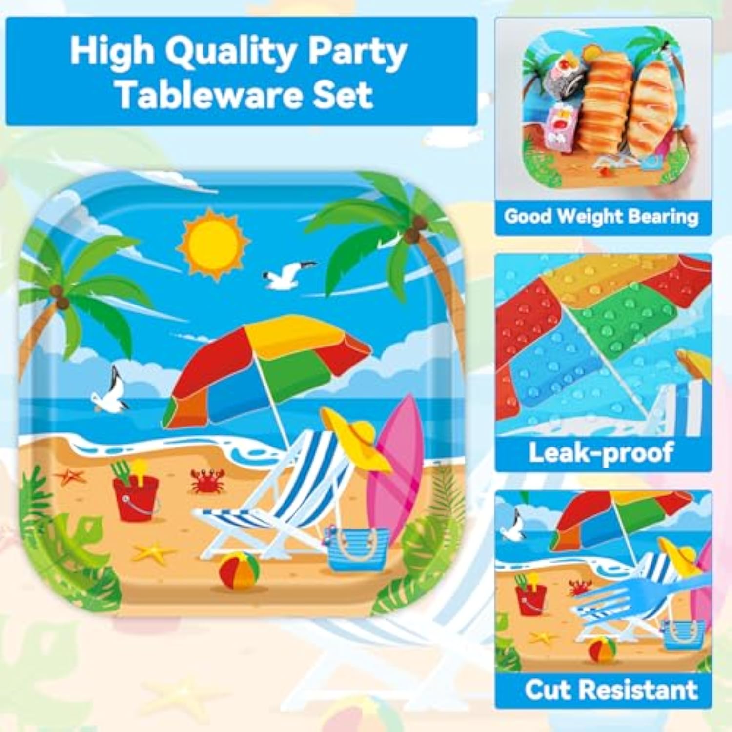 96Pcs Beach Party Supplies Summer Pool Party Paper Plates Napkins Forks Set Hawaiian Sand Beach Party Disposable Pool Themed Square Tableware For Kids 24 Guests Summer Holidays Party Decors