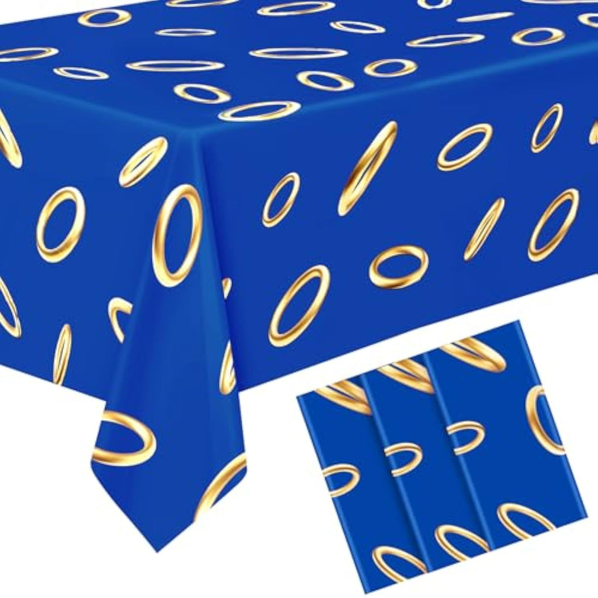 3 Pcs Blue With Gold Ring Print Plastic Tablecloth 108 X 54 Inches Cartoon Tinsel Table Cover Video Games Party Decor Birthday Themed Party Decoration Supplies