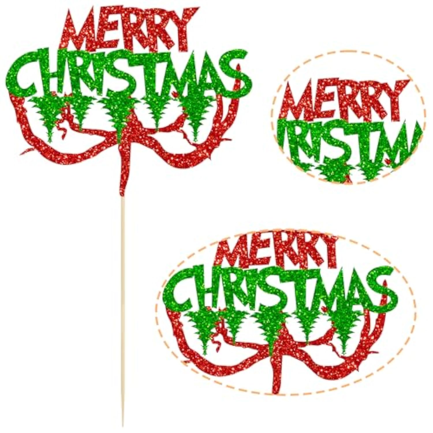 Merry Christmas Red Green Glitter Cake Topper Holiday Party Decoration