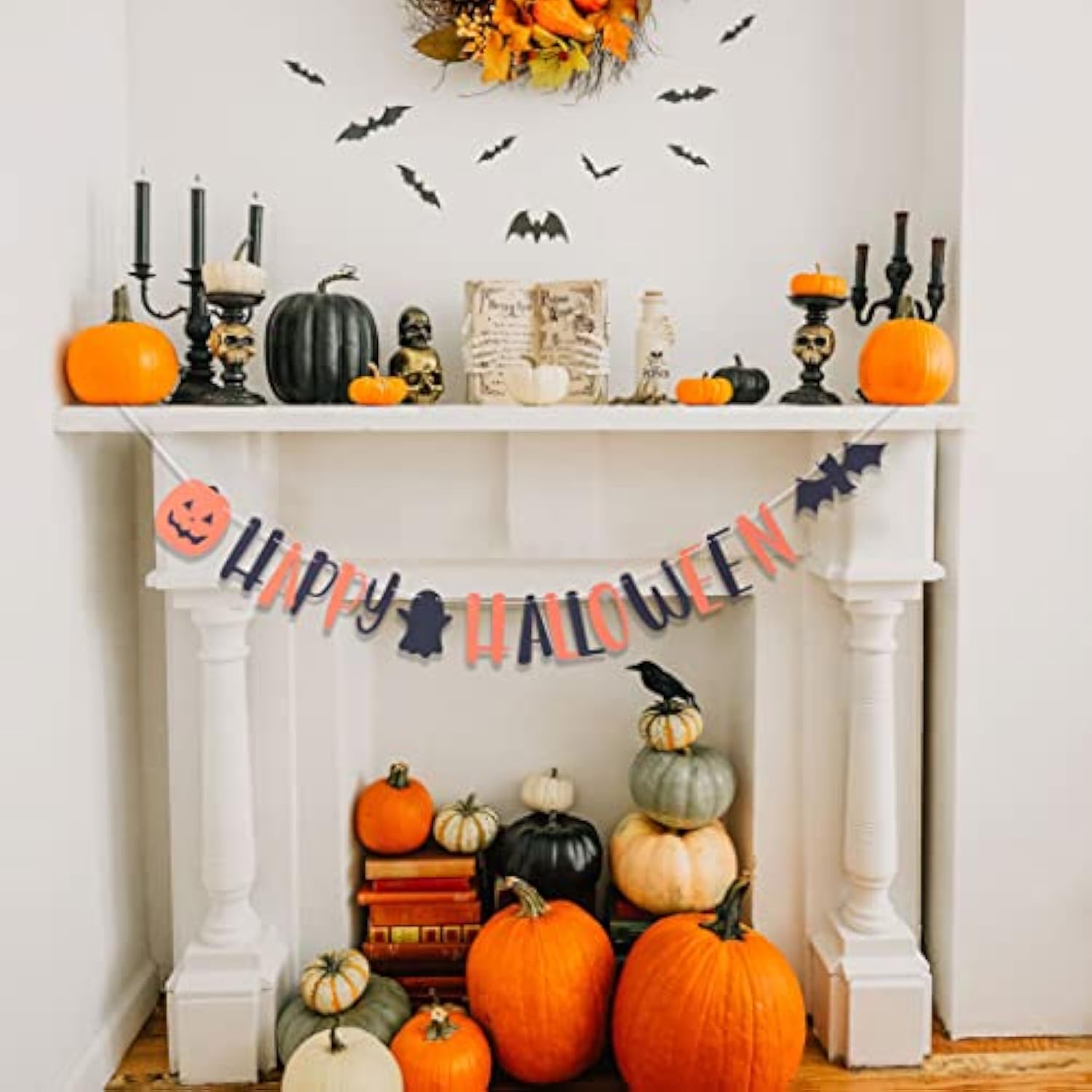 Happy Halloween Banners Decorations with Bat Signs and Wreaths for Party Decor