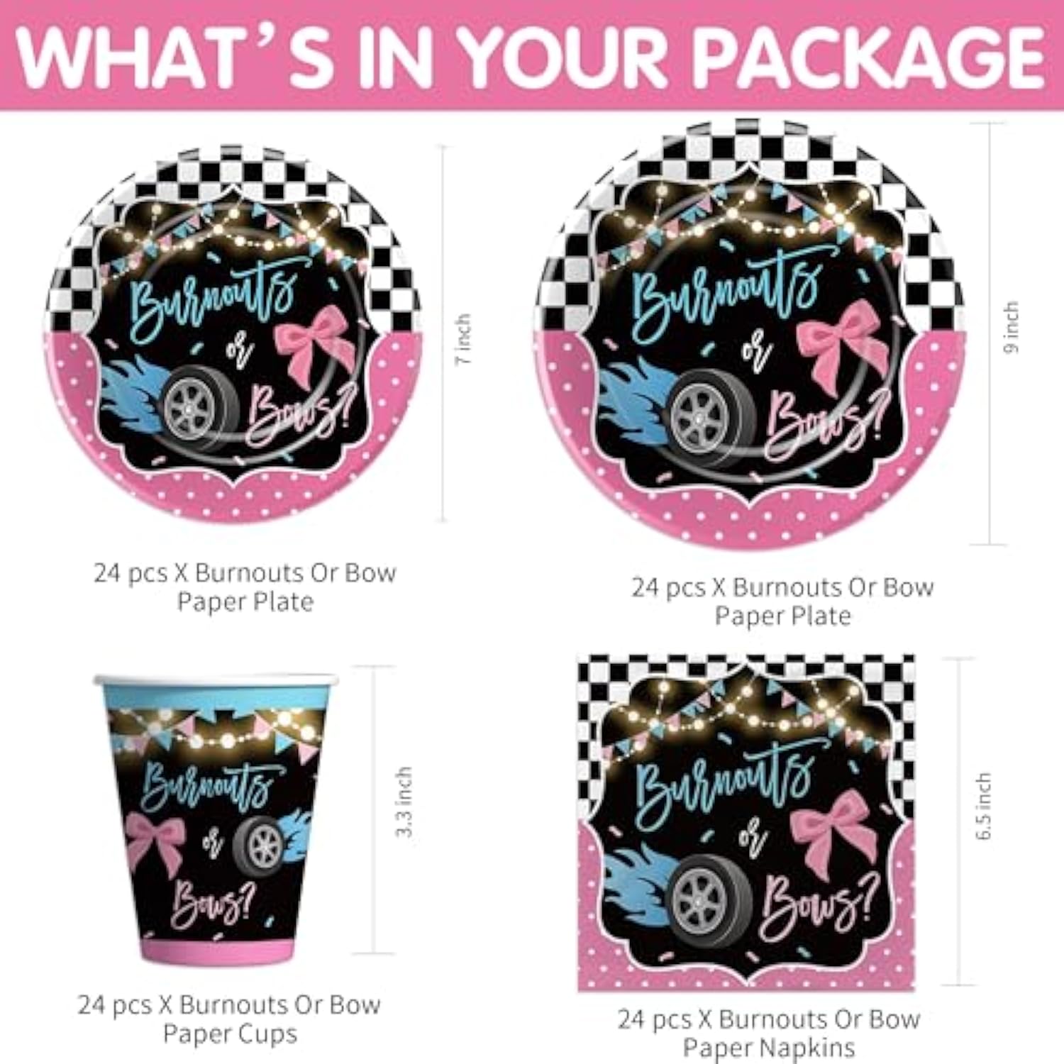 Burnouts Or Bows Gender Reveal Decorations Tableware, Boy Or Girl Gender Reveal Party Supplies, Plate, Cup, Napkin, Cutlery, Tablecloth, Race Car Vs Bows Baby Shower Decorations, Serves 24