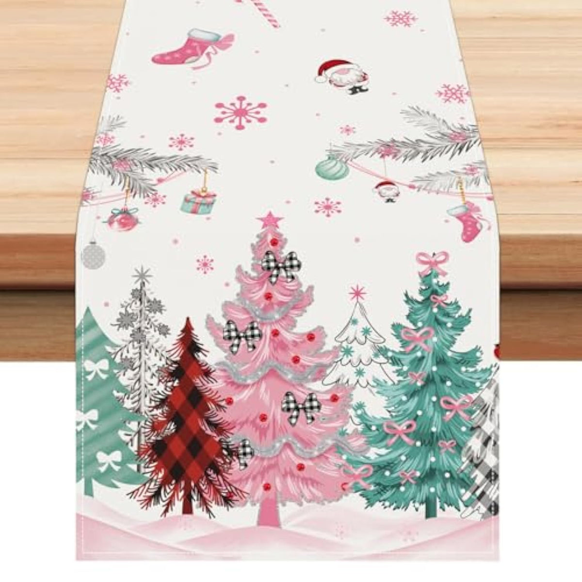 Merry Christmas Tree Table Runner 13X72 Inch Pink Green Xmas Trees Snowflakes Pine Branch Winter Holiday Kitchen Dining Table Decoration For Indoor Outdoor Home Party Décor