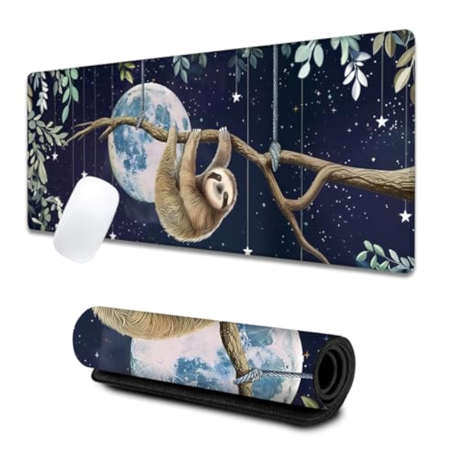 Cute Sloth Gaming Mouse Pad, Large Desk Mat With Animal And Moon, Rubber Non-Slip Extended Funny Whimsical Mousepad, Office Home Decor Accent, Gifts For Animal Lovers, 31.5X11.8X0.12In