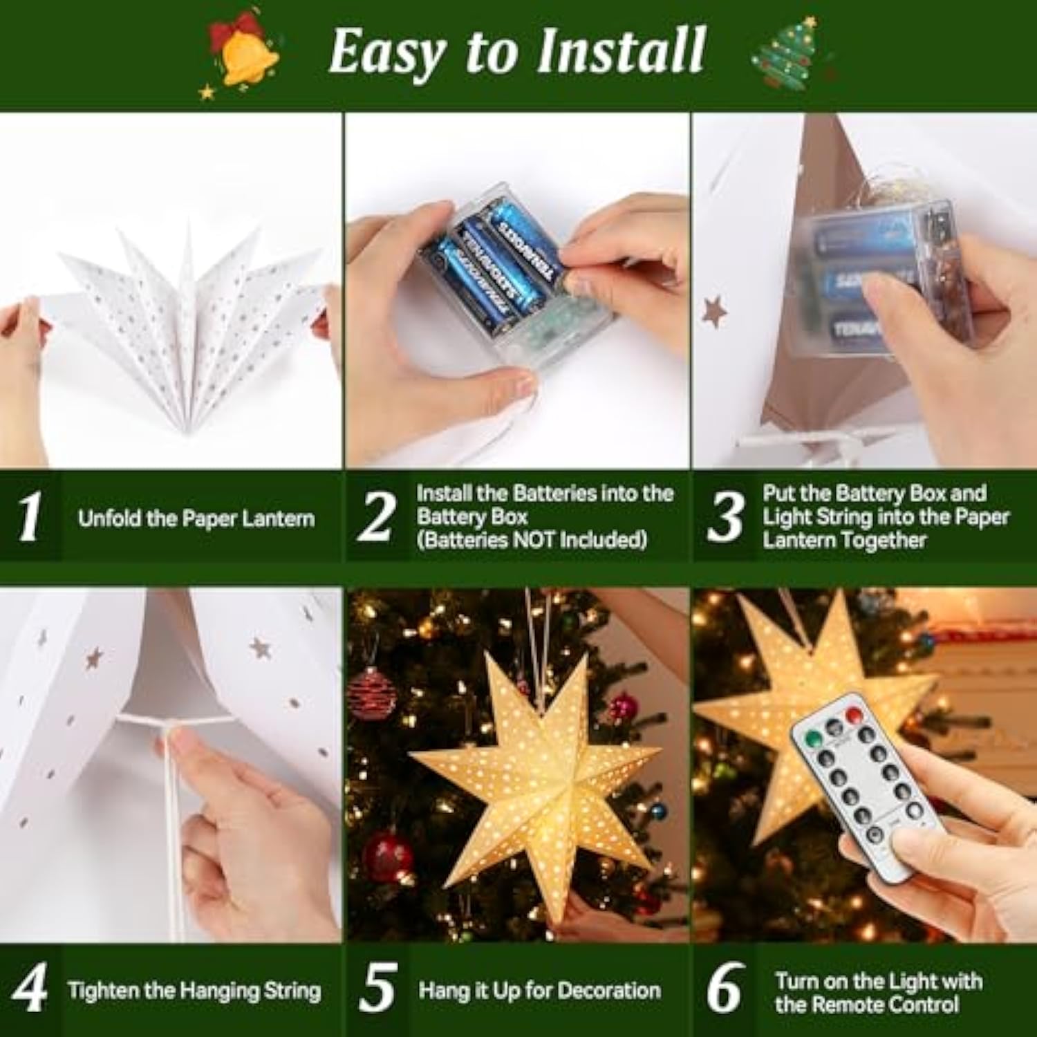 Christmas Paper Star Lantern 3 Pack, Hanging 7-Pointed Star Lights With Hollowed Stars, Led Paper Lanterns With 6H Timer