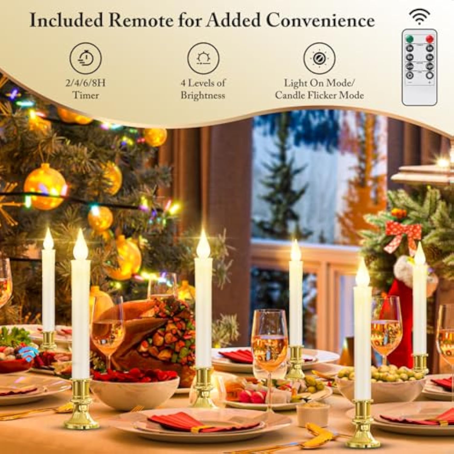 Window Candles Cordless Battery Operated With Timer Remote, 6 Packs Flameless Led Candle Lights With Gold Removable Candlesticks, Gift For Christmas Windows Table Decoration