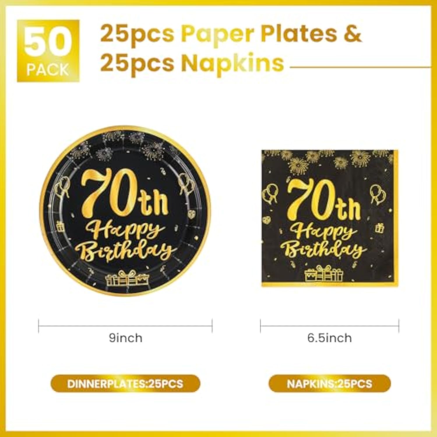 70Th Paper Party Plates And Napkins 50Pcs 9" Black Birthday Party Dessert Tableware Happy Birthday Decorations Party Supplies