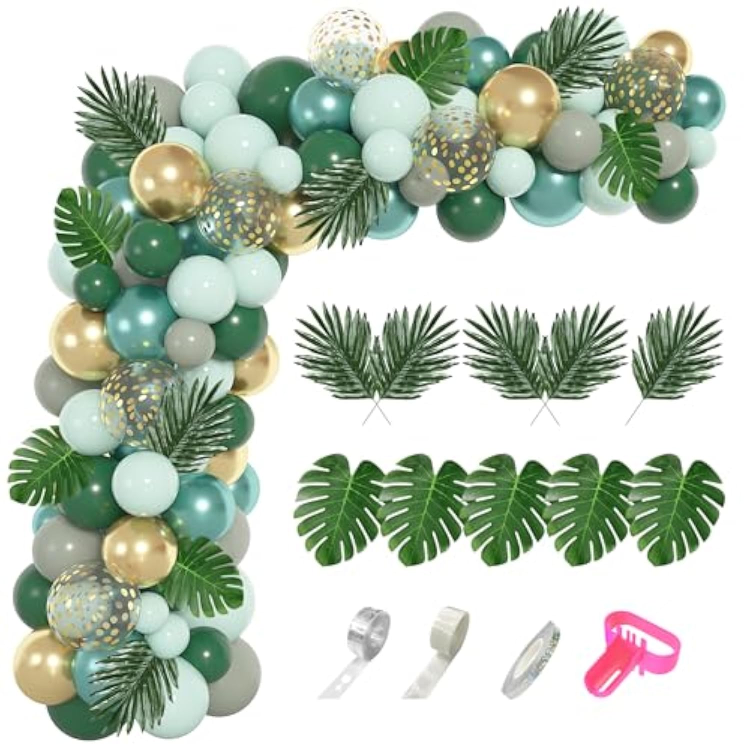 151Pcs Jungle Safari Balloon Garland Kit, Metallic Green Gold Tropical Balloons Arch Artificial Palm Leaves For Animal Dinosaur Two Wild One Birthday Baby Shower Decoration Boys Party Supplies