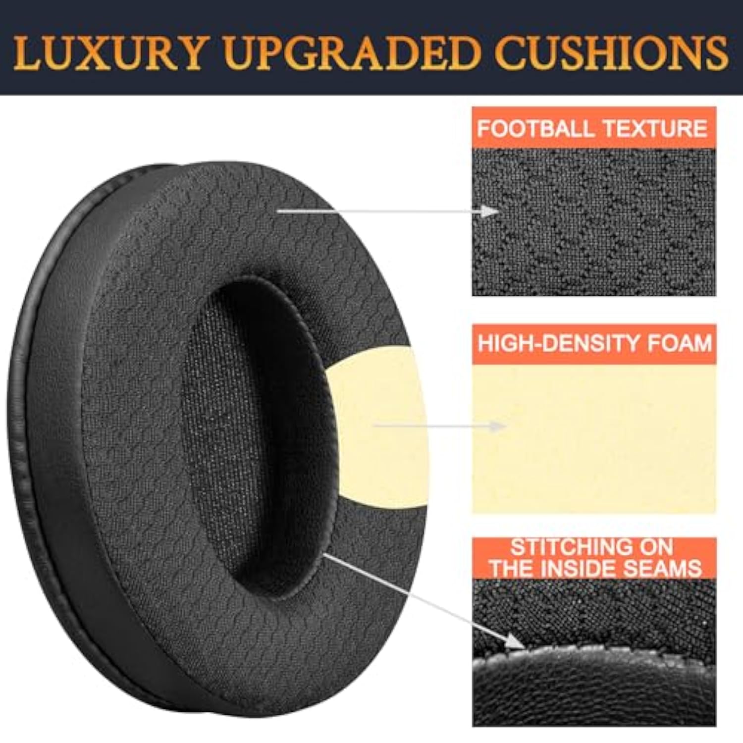 Earpads Replacement For Sennheiser Hd202/Hd202Ii/Hd203/Hd212/Hd212-Pro/Hd437/Hd447/Hd457/Hd477/Hd497/Eh150/Eh250/Eh350/Hd62-Tv/Hd65-Tv, Ear Pads Cushions With Football Texture Fabric - Black