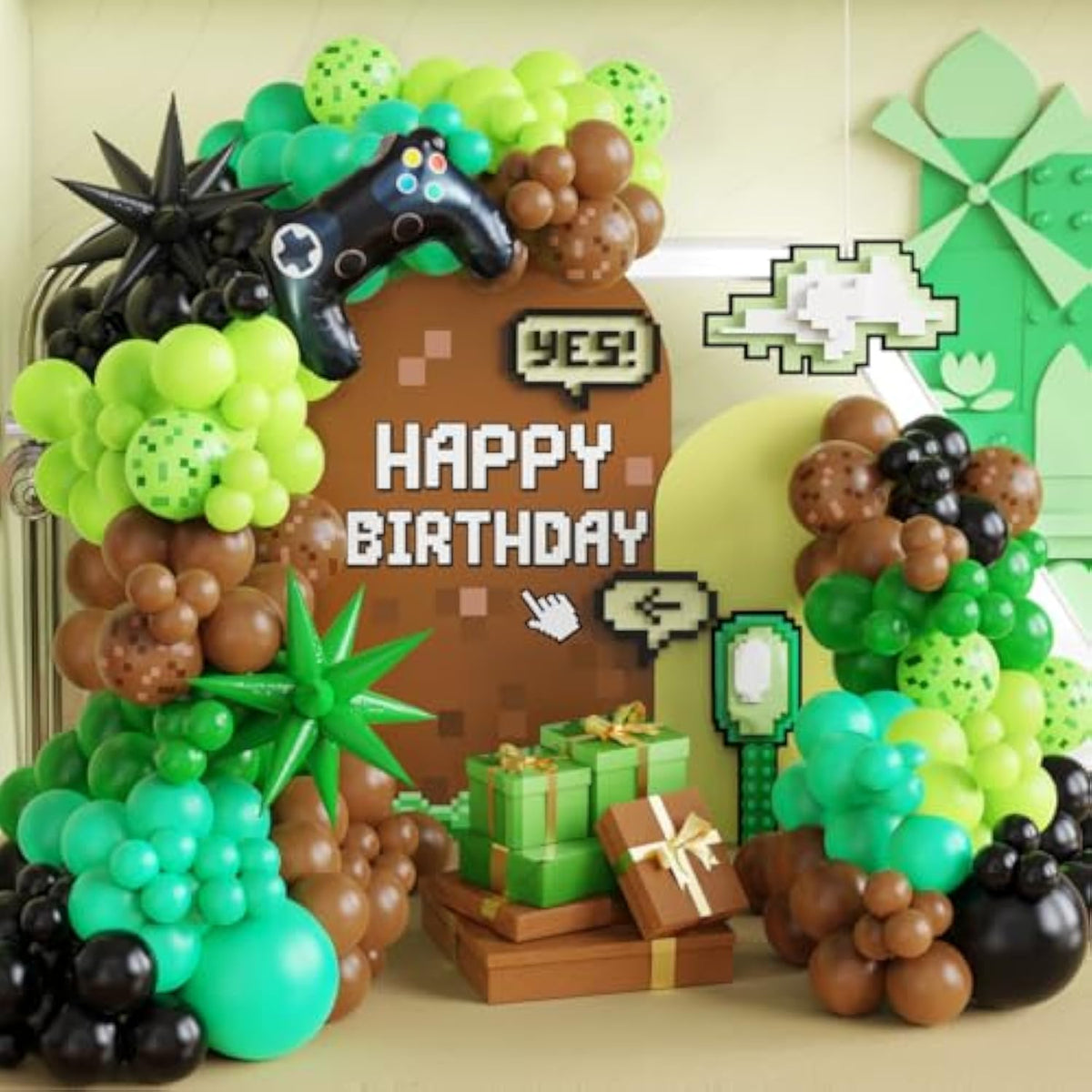 155Pcs Green Brown Black Balloons, Video Game Foil Balloon With Pixel Green And Brown Latex Balloons For Boys Birthday Baby Shower Jungle Party Decorations