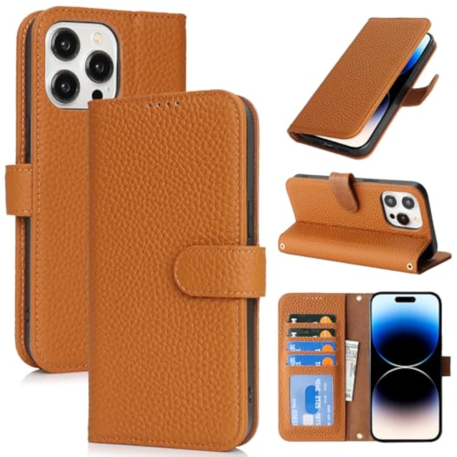 Genuine Leather Wallet Case for iPhone 14 Pro 6.1" with 4 Card Slots and RFID Blocking - Amber