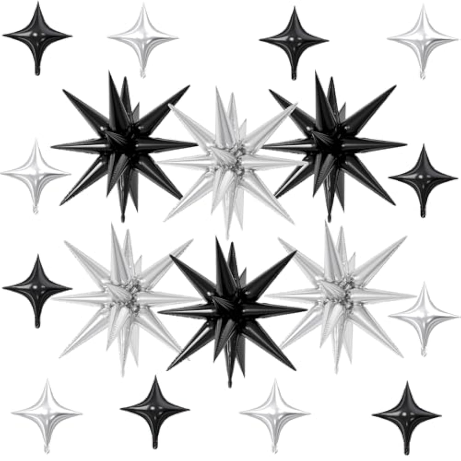 18 Pcs Black Silver Star Balloons, Silver And Black Balloon With 6 Pcs 22-Inch Explosion Star Balloons 12Pcs 10-Inch Four Pointed Stars Foil Balloon For Anniversary Birthday Party Decorations