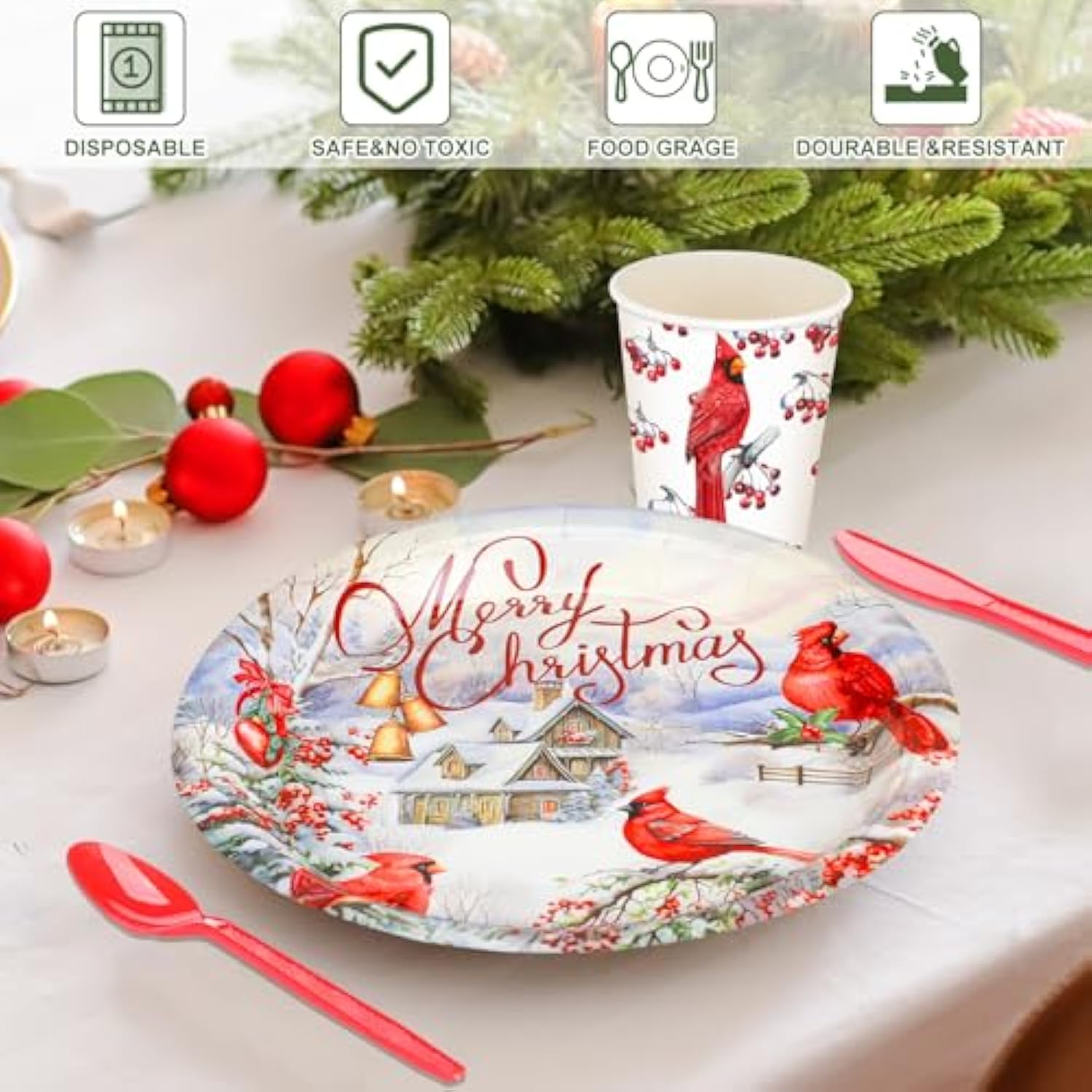 350 Pieces Christmas Disposable Dinnerware Set, Serves 50, Merry Christmas Paper Plates Red Cardinal Napkins Cups Cutlery For Christmas Holiday Dinner Party Decorations