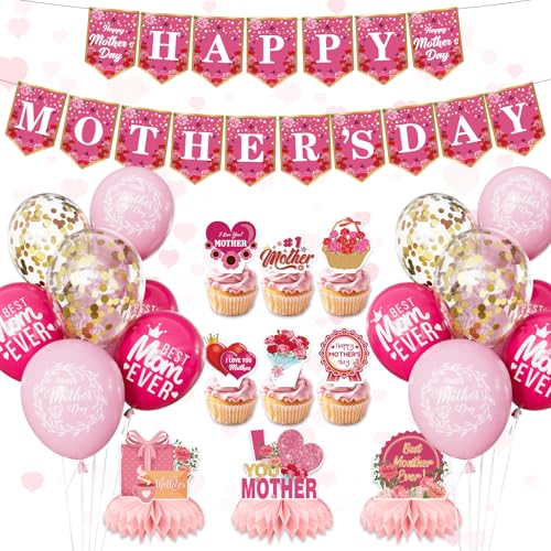 Mothers Day Decorations Set, Pink Happy Mothers Day Banner with Mom Printed Balloons, Cupcake Toppers and Honeycomb Centerpieces, All-in-1 Best Mom Party Supplies for Mother's Day Celebration
