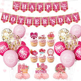 Mothers Day Decorations Set, Pink Happy Mothers Day Banner with Mom Printed Balloons, Cupcake Toppers and Honeycomb Centerpieces, All-in-1 Best Mom Party Supplies for Mother's Day Celebration