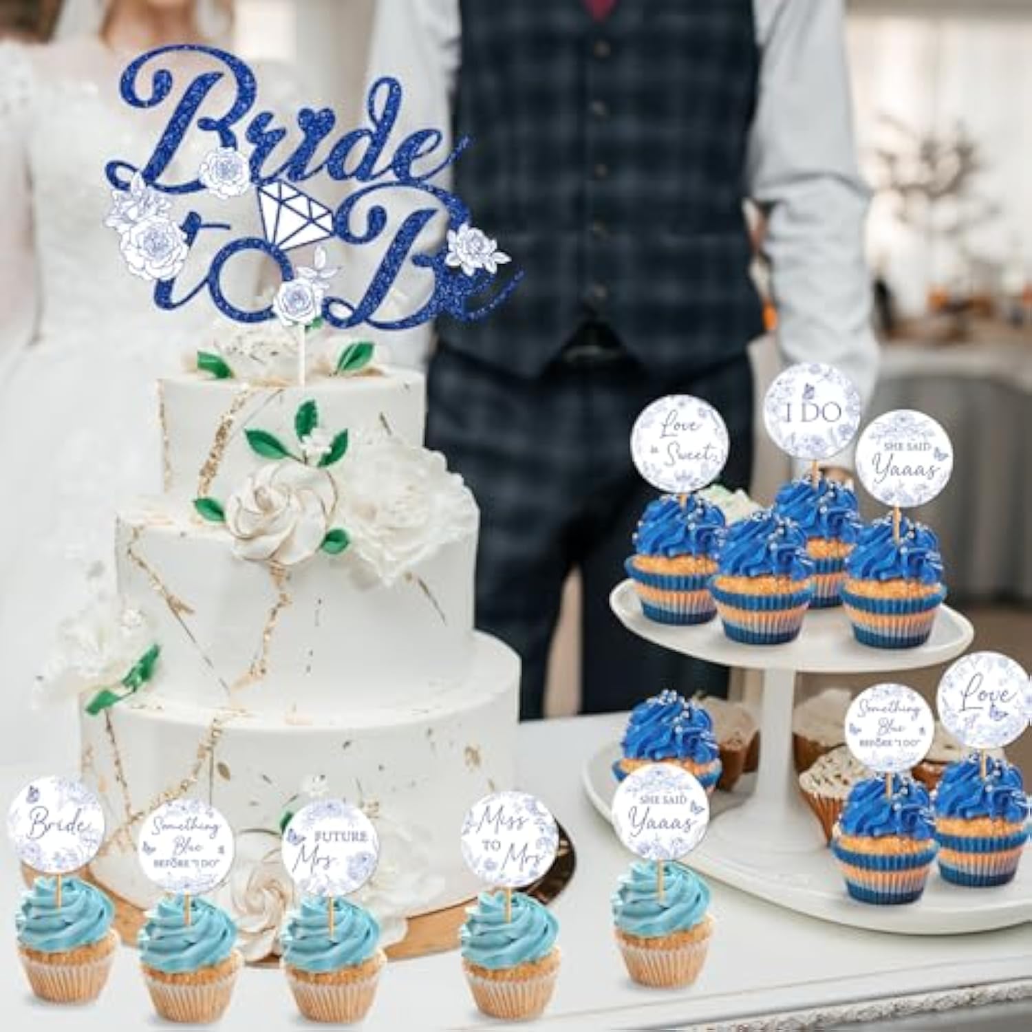 Bridal Shower Cupcake Toppers - 25 Pcs Something Blue Cake Decorations, Before I Do Bachelorette Bride To Be Engagement Wedding Party Supplies, Blue And White Floral Flower Table Decor Topper