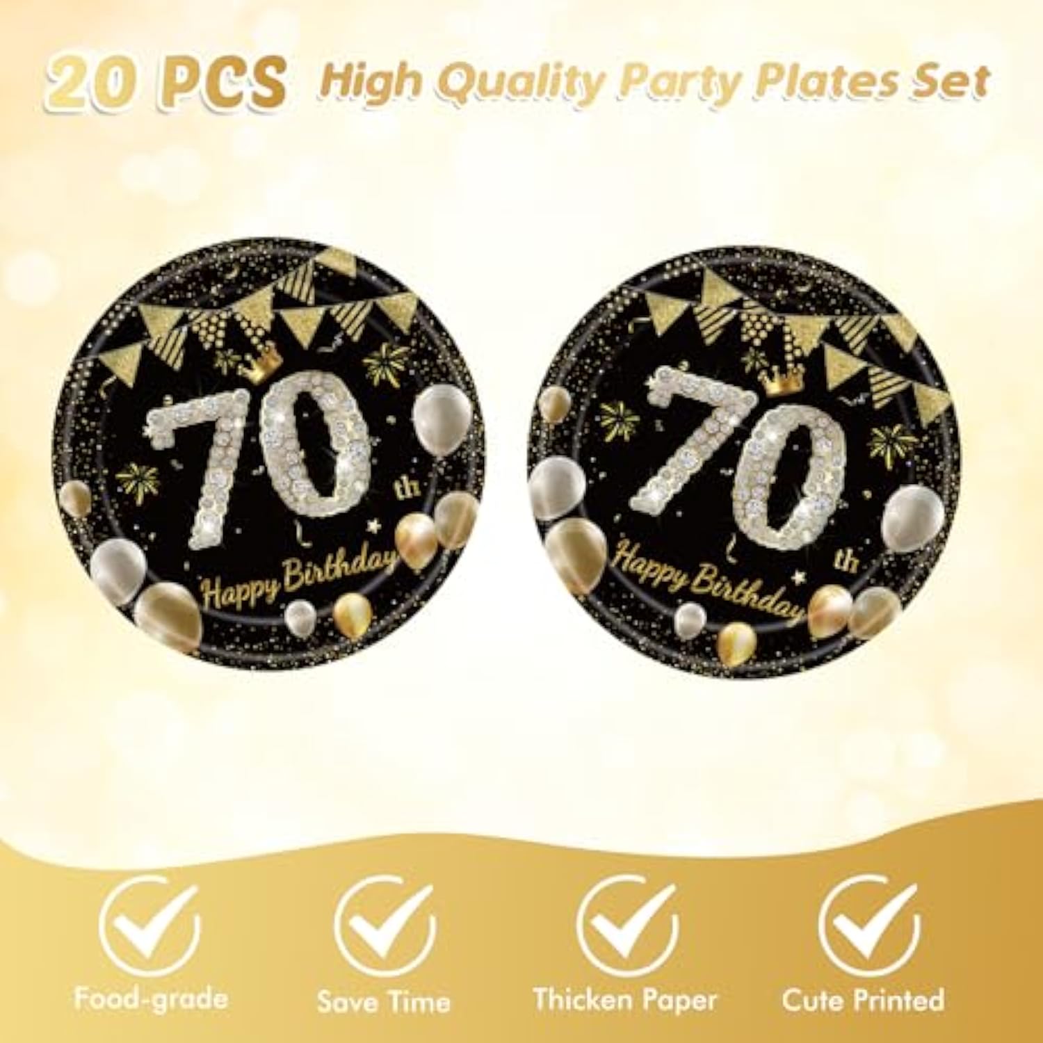 41Pcs 70Th Birthday Decorations For Men Women, Black Gold 70 Year Old Birthday Party Supplies Include 20 Plates 20 Napkins And 1 Tablecloth, Black Gold 70 Aged Birth Party Tableware