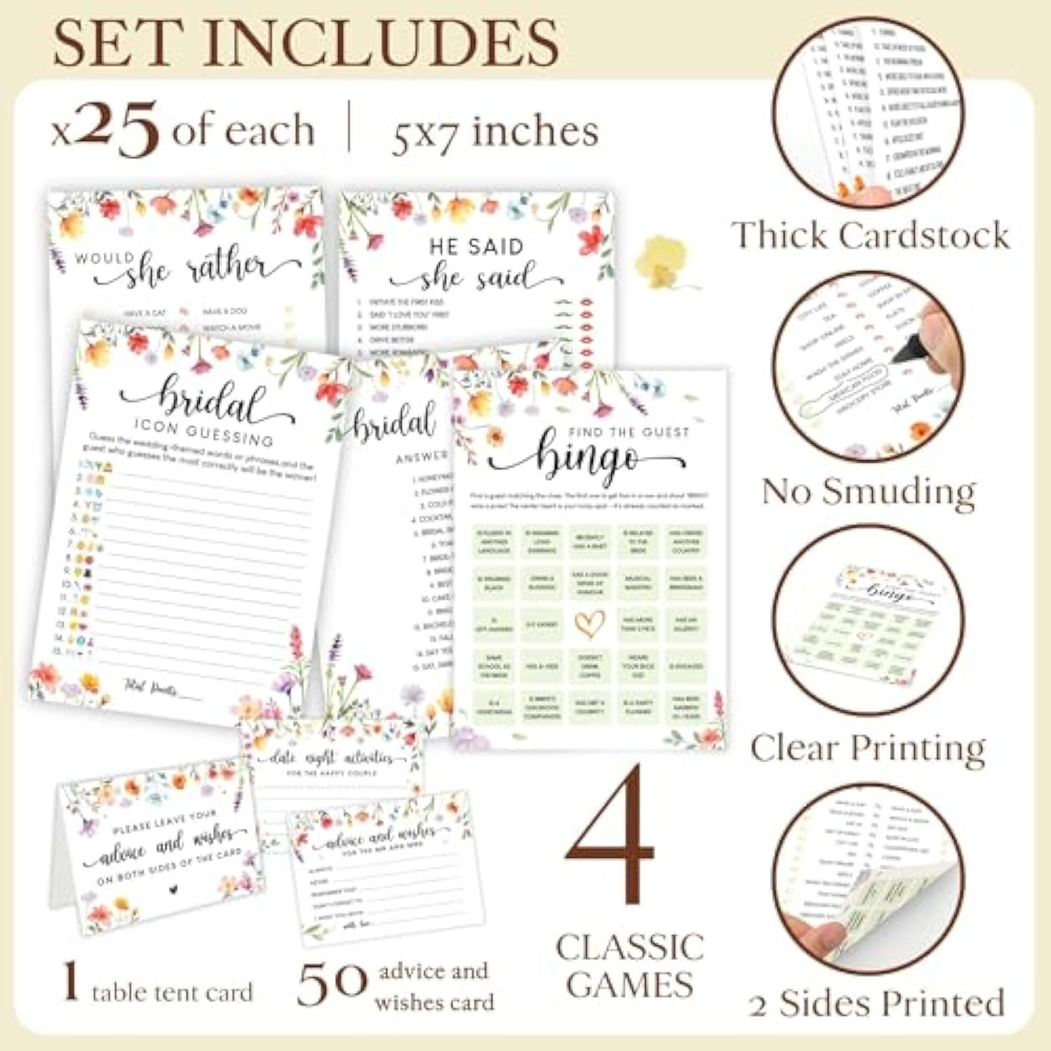 Wildflower Bridal Shower Games For Guests - Wedding Advice And Wishes For The Mr And Mrs, Find The Guest Bingo Bridal Shower Decorations, Funny He Said She Said Would You Rather Game Ideas