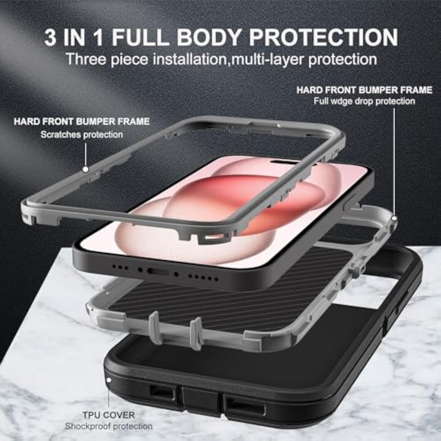 For Iphone 15 Case, Compatible With Magsafe, Military Grade 3 In 1 Heavy Duty Shockproof/Drop Proof/Dust Proof Case With 2Pcs Tempered Glass Screen Protector (New-Black/Grey)