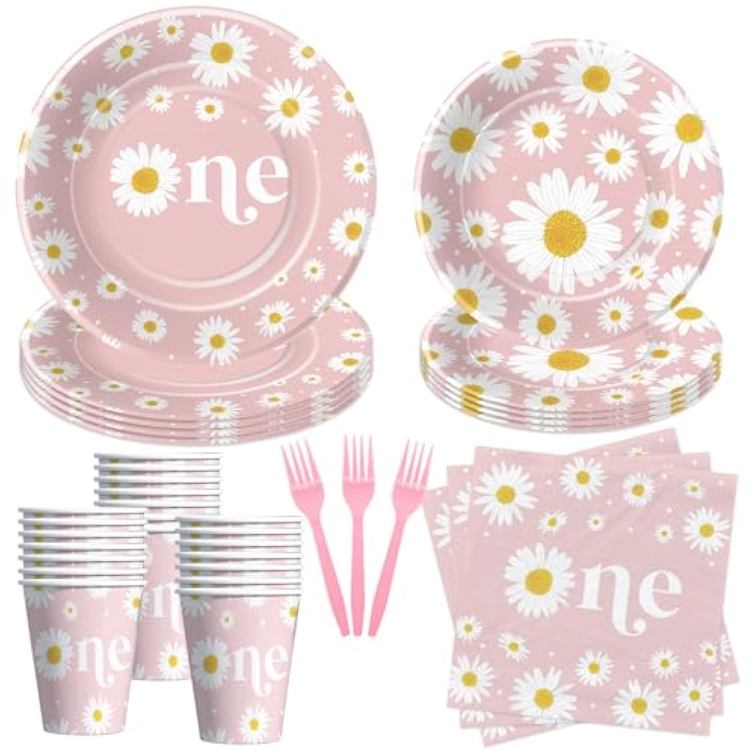 Daisy 1St Birthday Plates And Napkins Party Decorations Tableware, Groovy Retro Daisy First Birthday Party Supplies, Paper Plate, Napkin, Cup, Fork, Serves 24