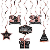Happy 24Th Birthday Decorations - 12Pcs Birthday Black & Rose Gold Swirls Streamer Set,Cheers To 24 Years Old Bday Party Decorations Gift Sign.