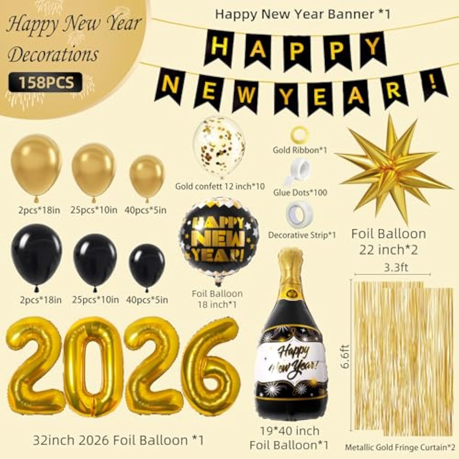 158-Piece New Years Eve Party Set with 2026 Black Gold Balloon Decor