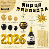 158-Piece New Years Eve Party Set with 2026 Black Gold Balloon Decor