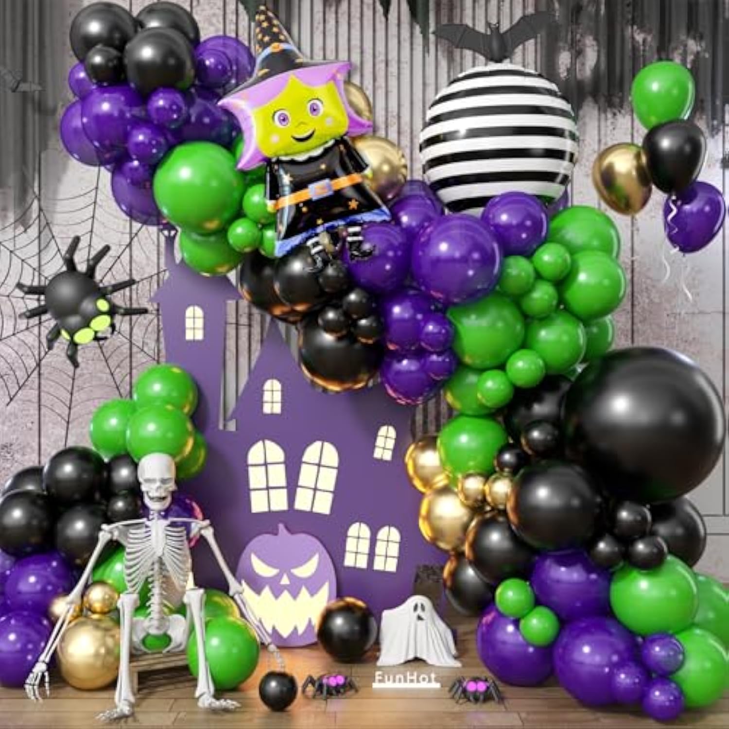 Halloween Balloon Arch Garland Kit Purple Orange Black Balloons with Spider Web Decor
