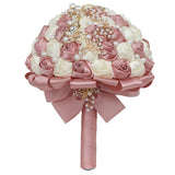7.1 Inch Handmade Satin Rose Bridal Bouquet Toss Round Wedding Bouquet Throw Toss Artificial Flower Bunch Pastel Pink + Ivory