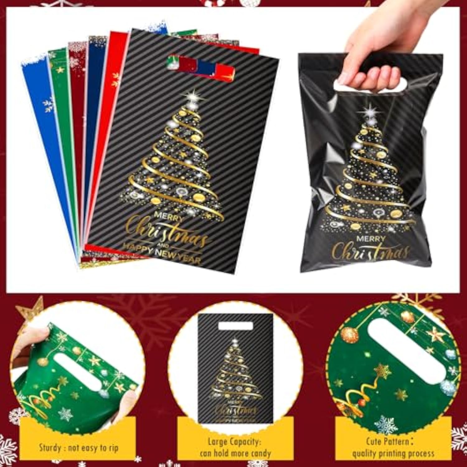 150 Pcs Christmas Treat Bags Christmas Tree Goodies Bags Bulk Plastic Candy Treat Snacks Bags With Handles For Holiday Cookie Goody Gift Merry Christmas Party Favor Supplies, 6 Styles