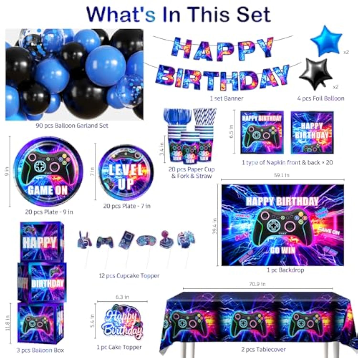 234Pcs Video Game Birthday Decorations, One-Stop Convenient Set Includes Thickened Plates Waterproof Tablecloths And 59 X 39 Inches Backdrop, Suitable For Gamer Birthday Party