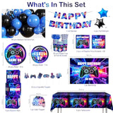 234Pcs Video Game Birthday Decorations, One-Stop Convenient Set Includes Thickened Plates Waterproof Tablecloths And 59 X 39 Inches Backdrop, Suitable For Gamer Birthday Party