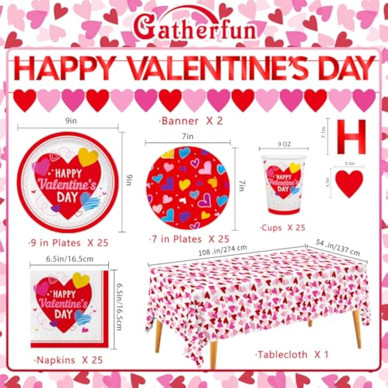 Valentine'S Day Party Supplies Set For 25 - Elegant Disposable Paper Plates, Napkins, Cups, Tablecloth & Banner, Valentine'S Day Party Decorations