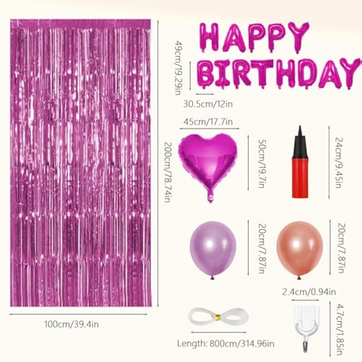Balmylif Rose Gold Happy Birthday Party Decorations, Includes Happy Birthday Balloon Banner, 2 Foil Backdrops, 2 32-Inch Rosy Heart Balloons, Perfect For Birthdays, Valentine'S Day & Photo Backdrops