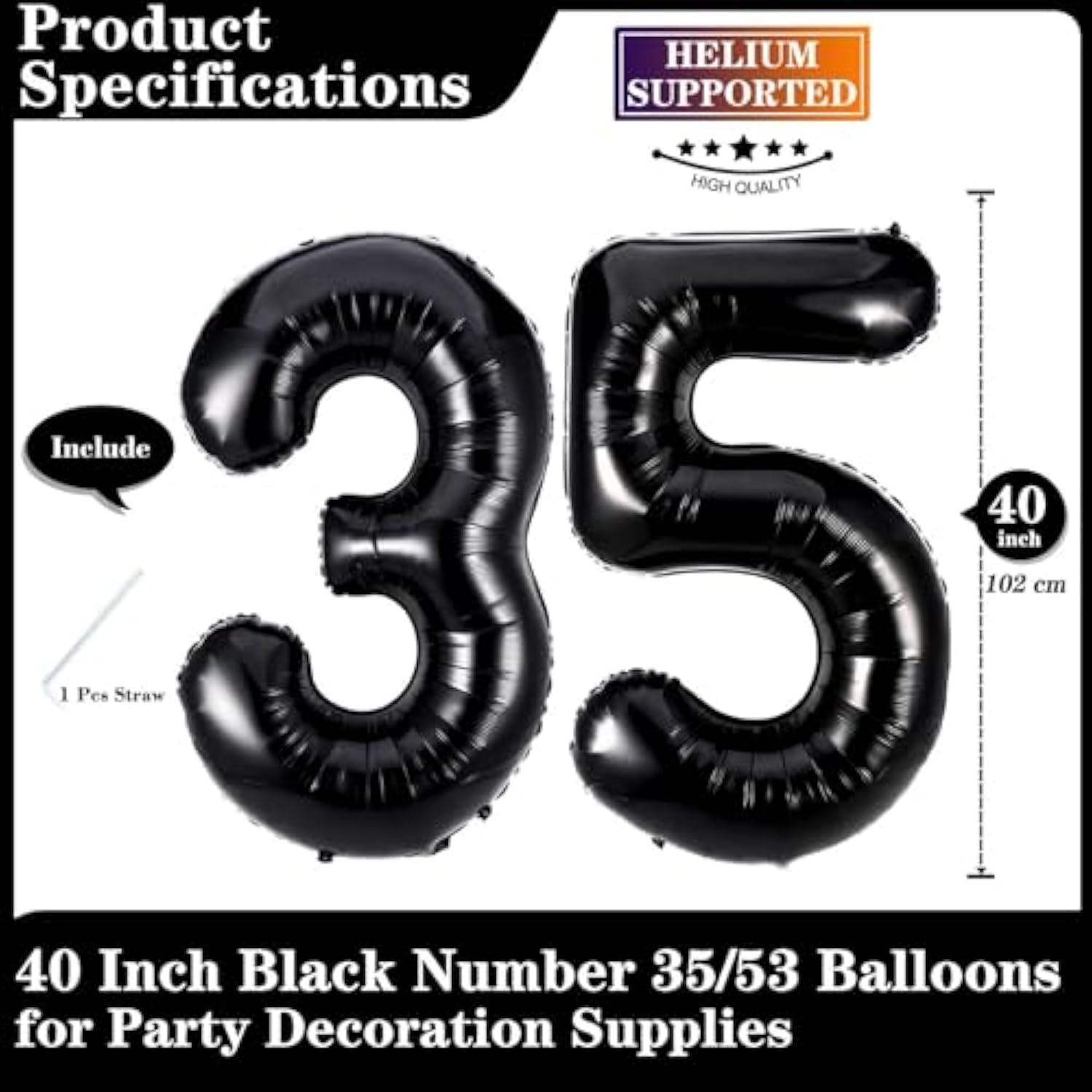 Black 35 Number Balloons 40in Giant Foil Birthday Anniversary Decor