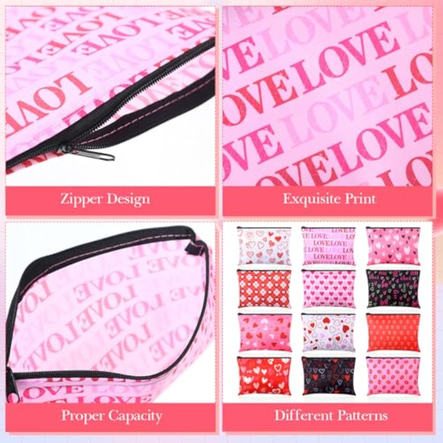 24 Pcs Cosmetic Bags Makeup Bags Bulk Cute Portable Pouches With Zipper Travel Toiletry Organizer Purse Women'S Gift Birthday Party Favors (Valentine'S Day)