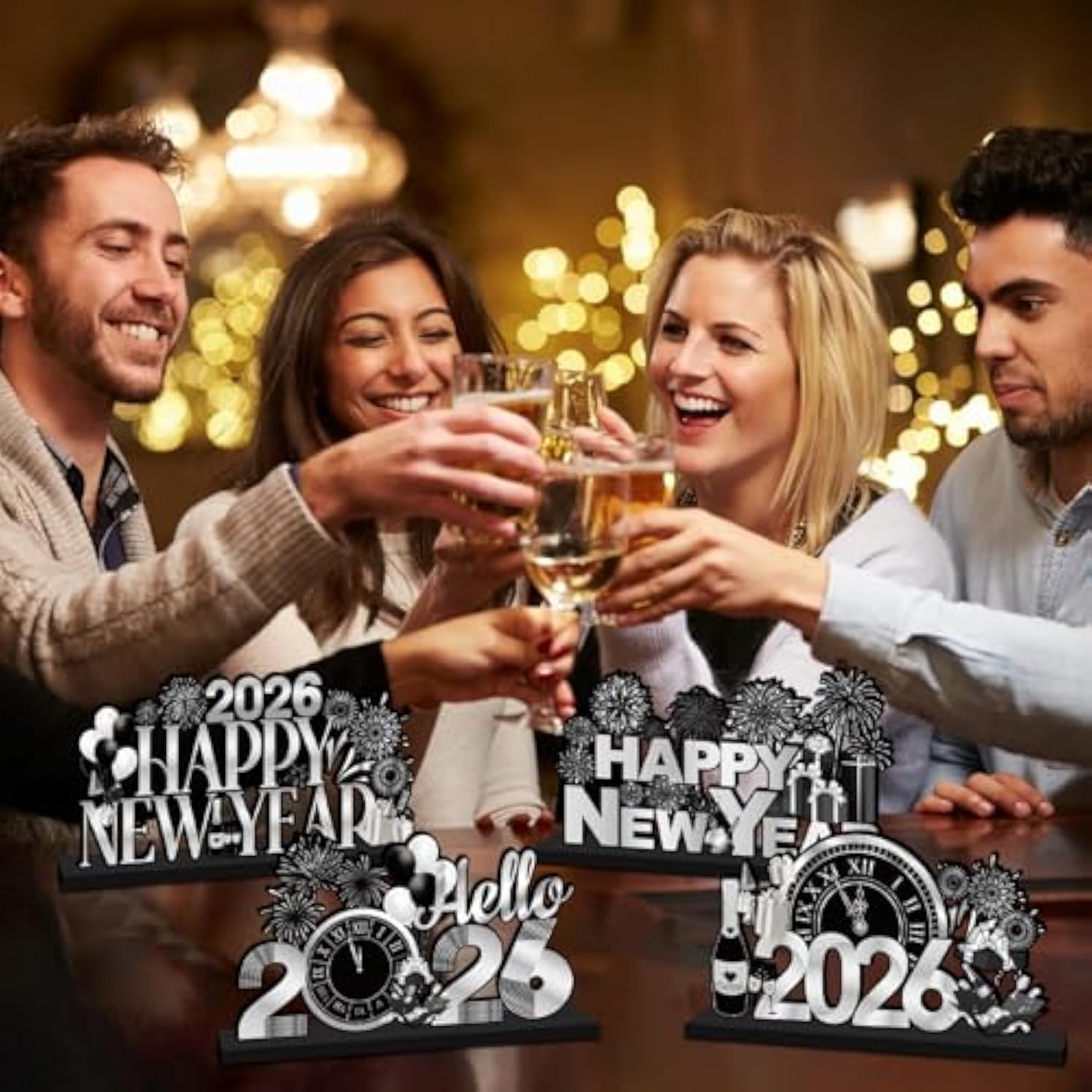 4-Pack 2026 Wooden Table Decorations in Black and Silver for New Year Parties