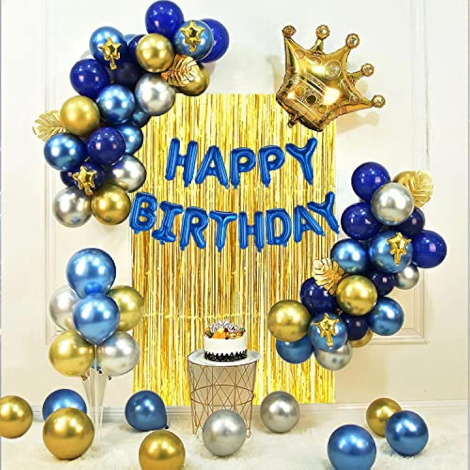 Gold & Silver Blue Birthday Party Decoration Set - Happy Birthday Banner, Balloons, Metallic Fringe Curtain, Golden Crown - Perfect For Girls, Boys, Men Or Women
