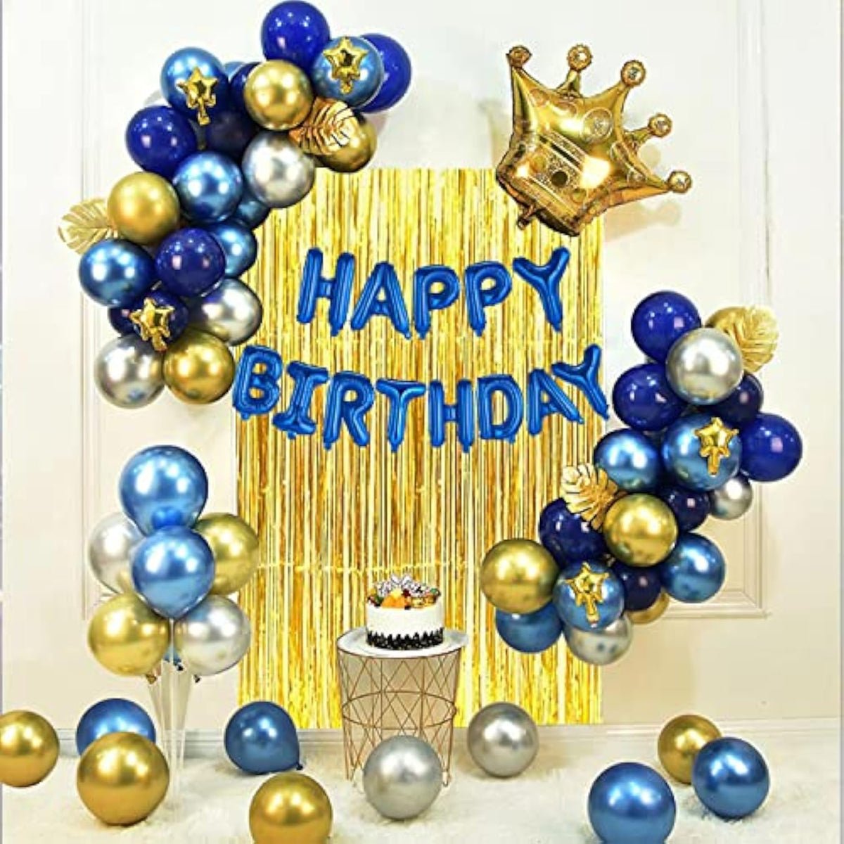 Gold & Silver Blue Birthday Party Decoration Set - Happy Birthday Banner, Balloons, Metallic Fringe Curtain, Golden Crown - Perfect For Girls, Boys, Men Or Women