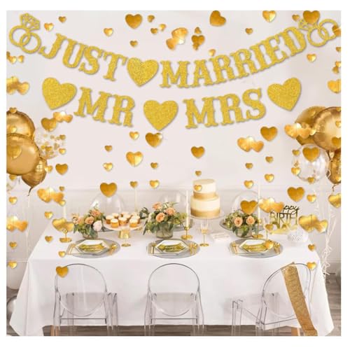Just Married Party Decorations, Gold Glitter Just Married Mr & Mrs Banner with Heart Garland for Bridal Shower Engagement Wedding Party Decorations Supplies