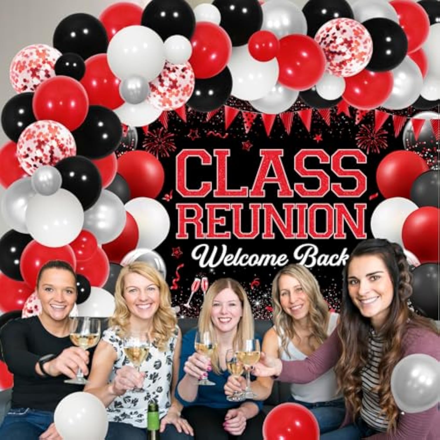Class Reunion Party Decorations - Red And Black Balloon Garland Arch Kit With Welcome Back Class Reunion Backdrop, High School Reunion Party Photography Background Supplies