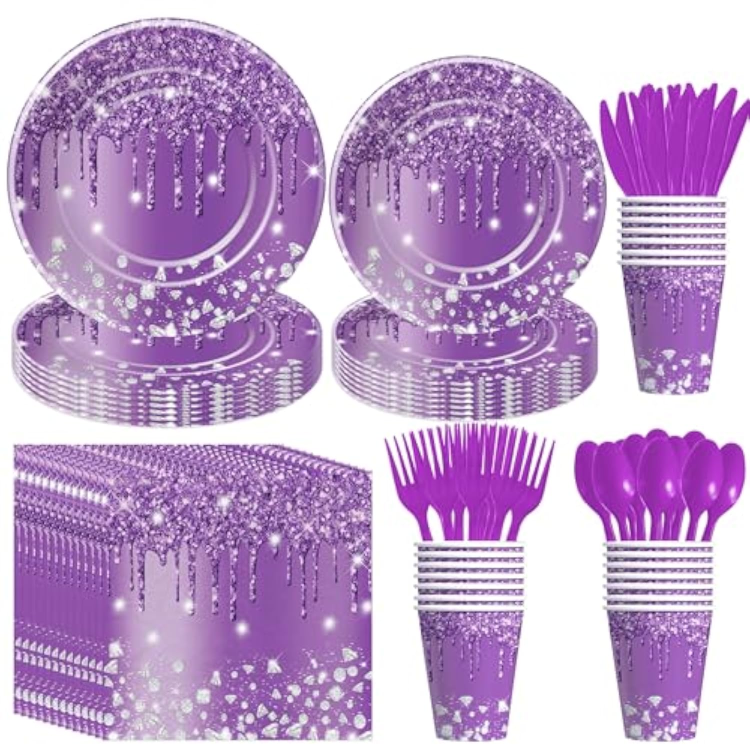Purple Plates And Napkins Party Supplies - Decorations Tableware, Paper Plate, Napkin, Cup, Disposable Cutlery, Glitter Bridal Shower Birthday Table Decorations | Serve 24